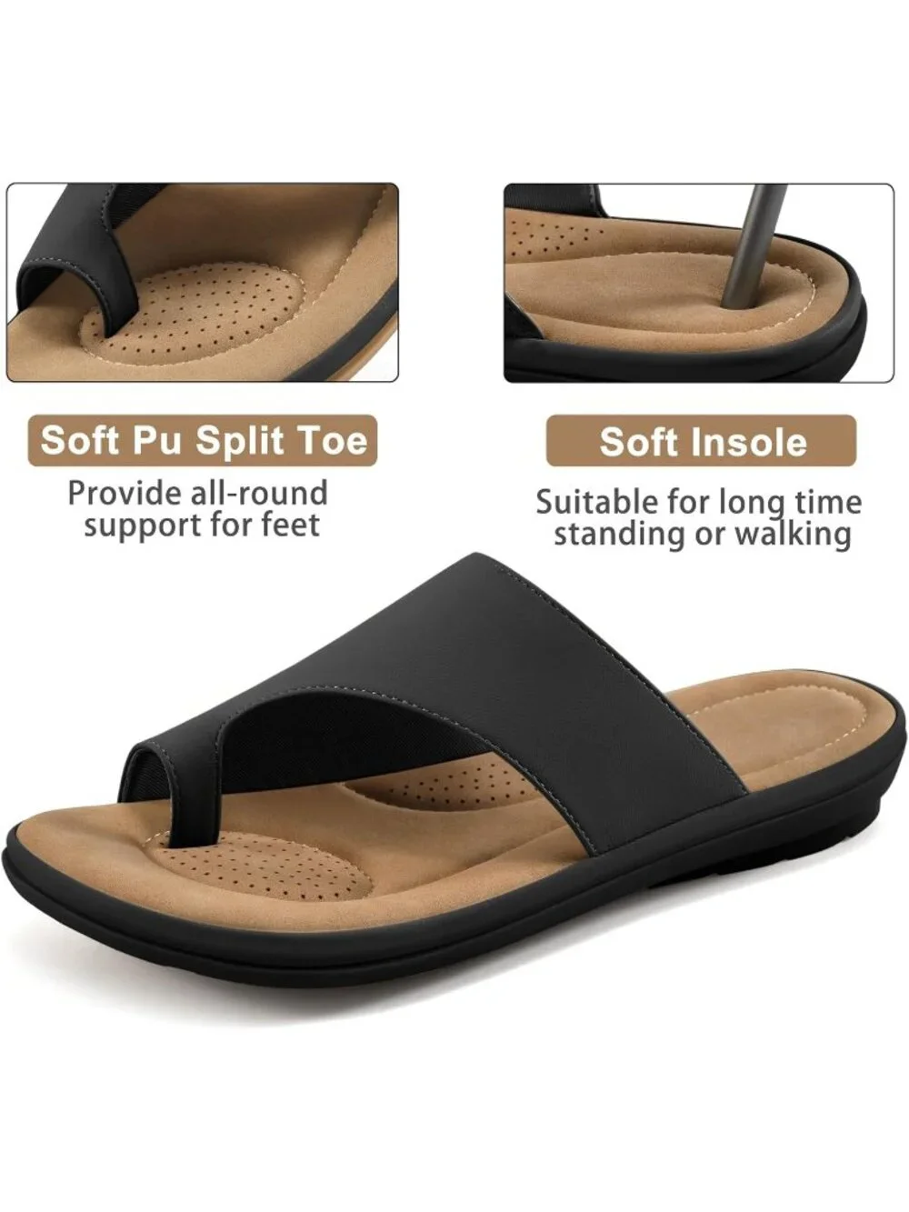 Women's Black Flat Sandals Comfortable Walking Dressy Slides Casual Shoes